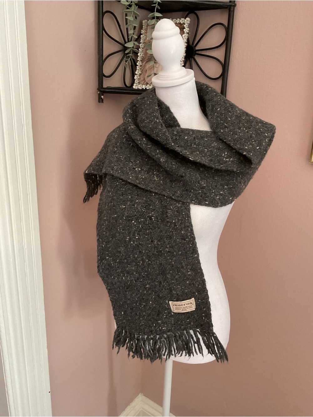 Mucros Irish wool Charcoal Tweed Fringe Scarf Gray soft cozy timeless classic